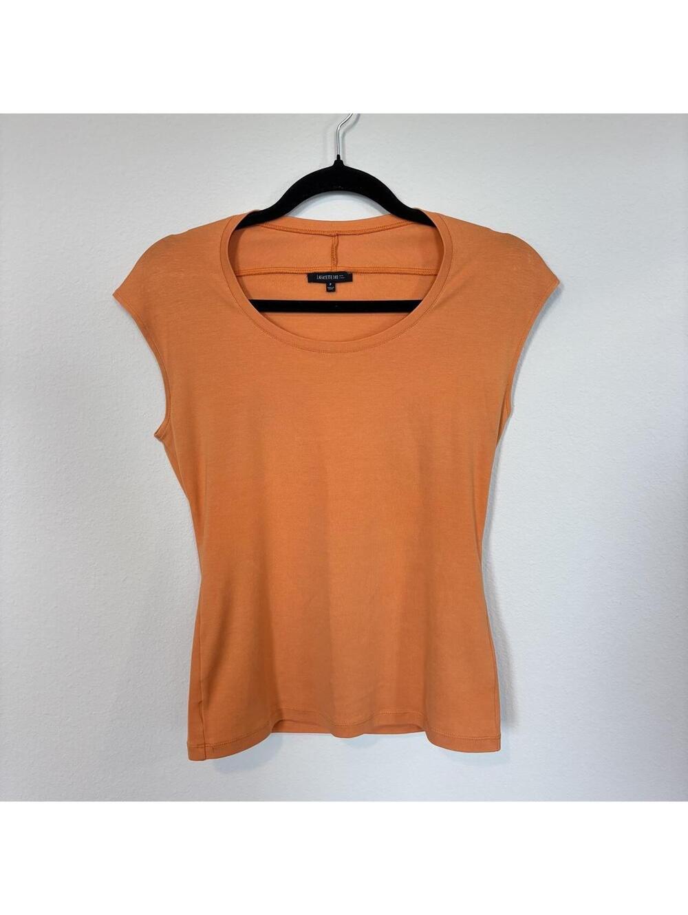 Lafayette 148 New York Cap Sleeve Scoop Neck Tee Shirt Top Orange Petite P